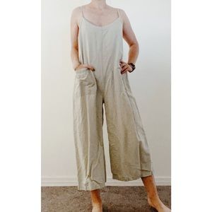 Ali Golden linen jumpsuit. Pale mint green, wide cropped leg. Size small.